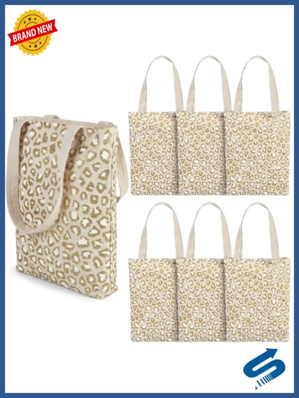 Large Leopard Print Canvas Tote Bags - Set of 6 Reusable Multipurpose
